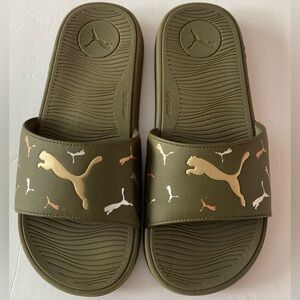 Puma Womens SZ 10 olive green Slide Sandals with Logo